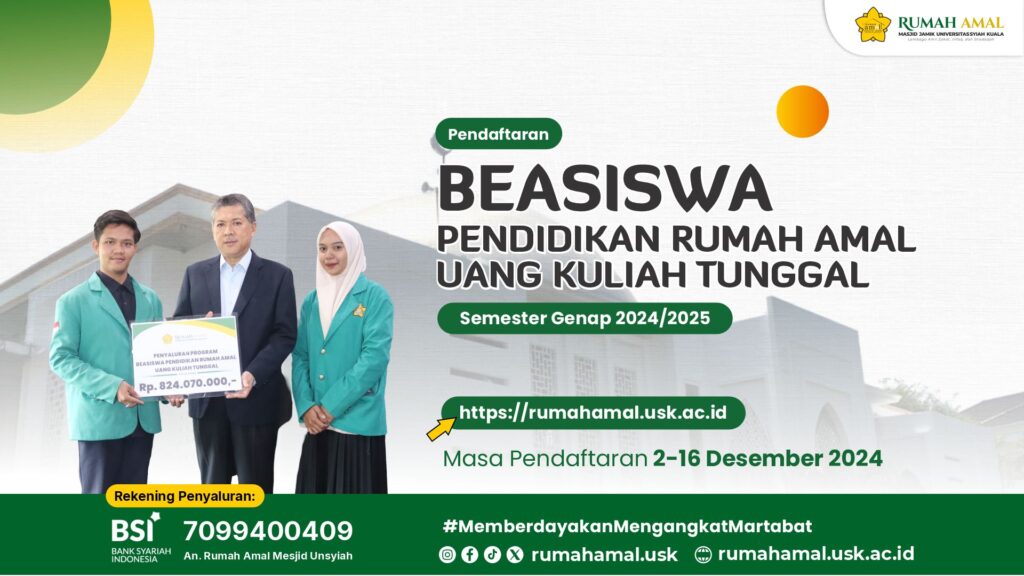 Beasiswa Pendidikan Rumah Amal Uang Kuliah Tunggal (BPRA-UKT) Semester Genap Tahun 2024/2025 Rumah Amal Masjid Jamik Universitas Syiah Kuala